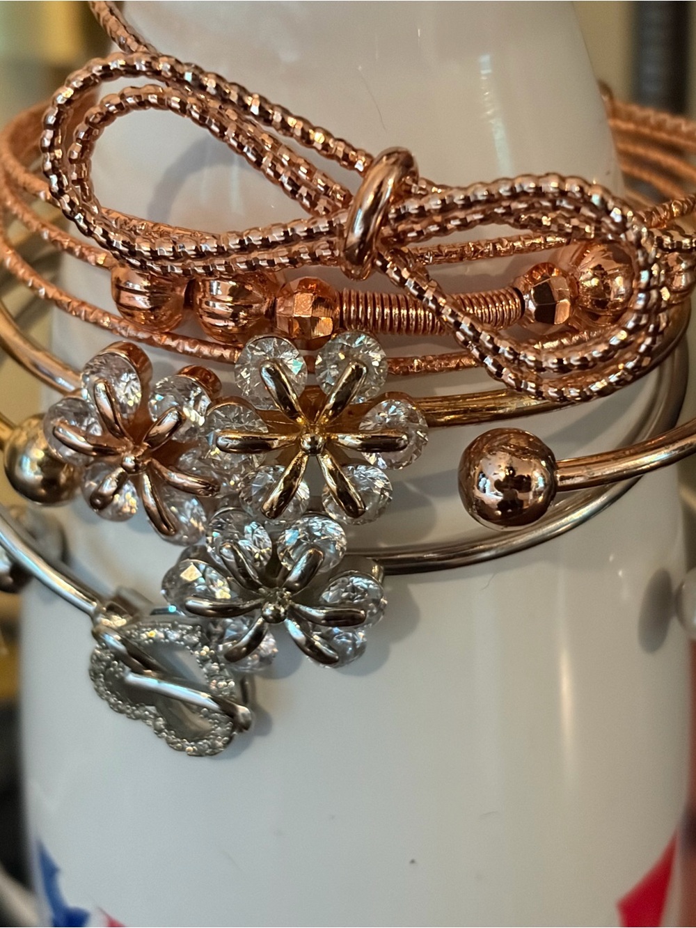Rose Gold, Gold, and Silver Floral Bangle Bracelet Set